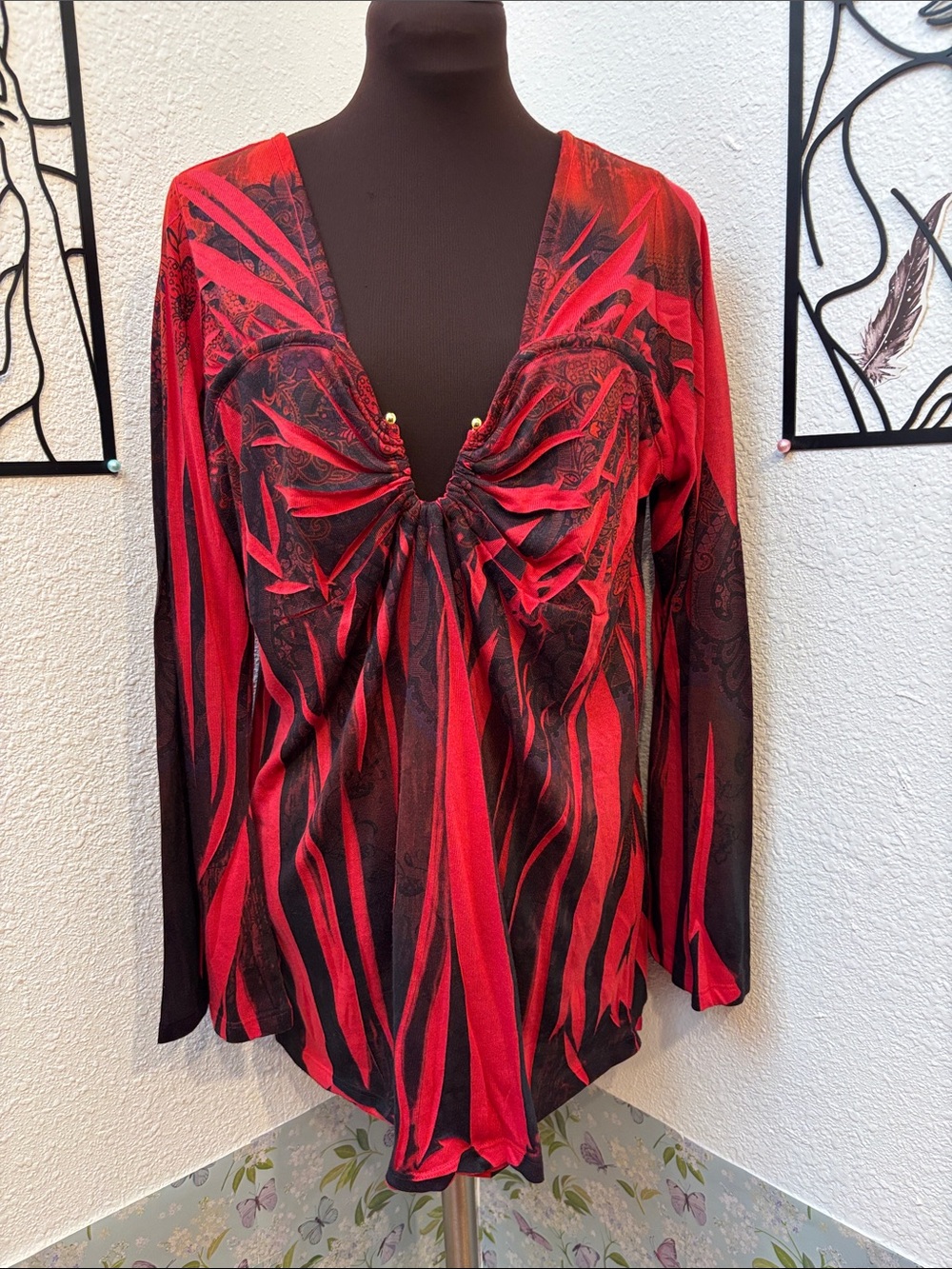 One World live and let live red and black long bell sleeve top. Size 1X.